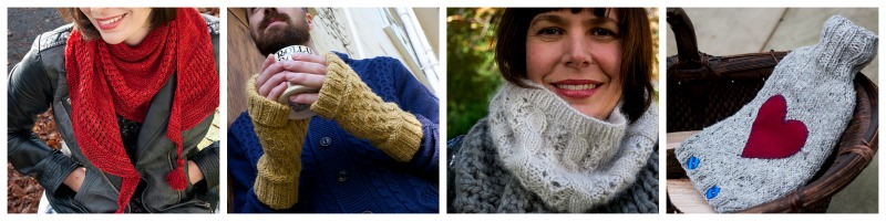 A collage of the first 4 patterns in the Knitvent 2013 Collection by Helen Stewart of Curious Handmade