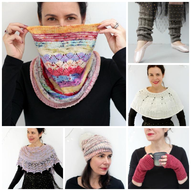 A collage of images showing all the knitting patterns from the Knitvent 2017 collection by Helen Stewart of Curious Handmade