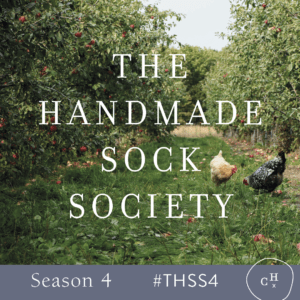 Text 'The Handmade Sock Society 4' by Curious Handmade on a green counrty background with 2 chickens