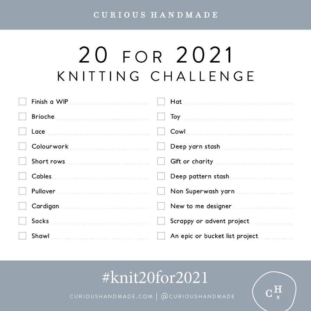 Square Instagram Image of checklist for Knit 20 for 2021 project