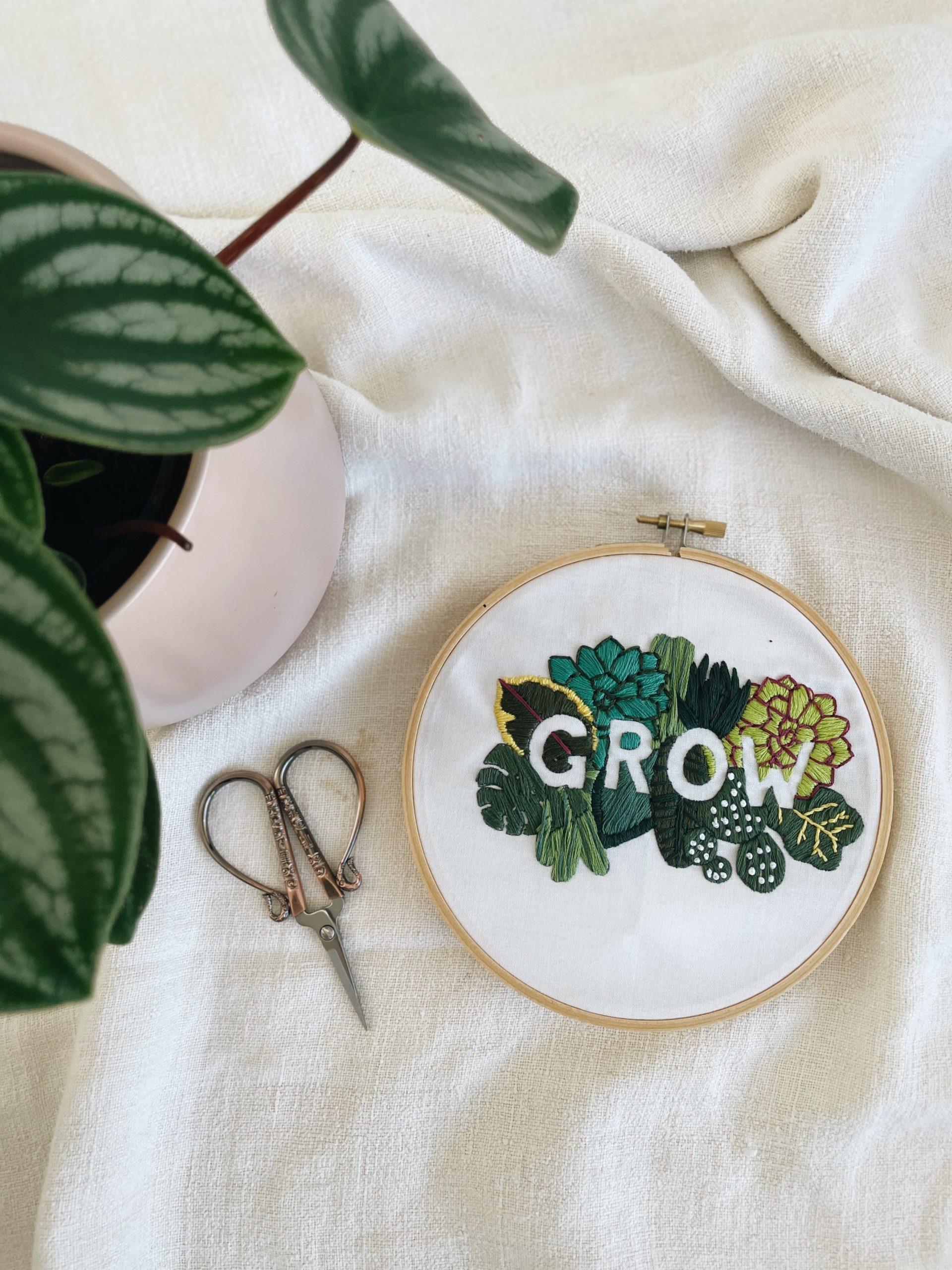 GROW Embroidery with scissors & plant (pattern by Brynn and Co, embroidary by Helen Steward Curious Handmade)