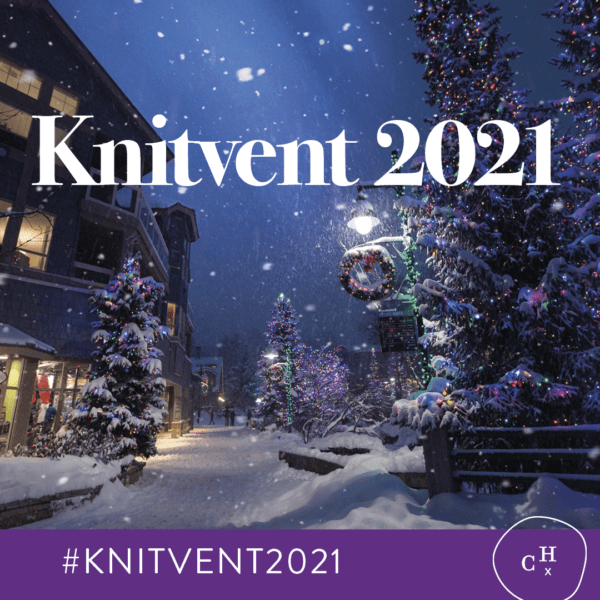a snowy scene of a little town with pine trees covered in colourful fairy lights. Across the top of the photo in white letters is "Knitvent 2021" and at the bottom of the photo is a violent stripe with #knitvent2021 and the Curious Handmade mark in white