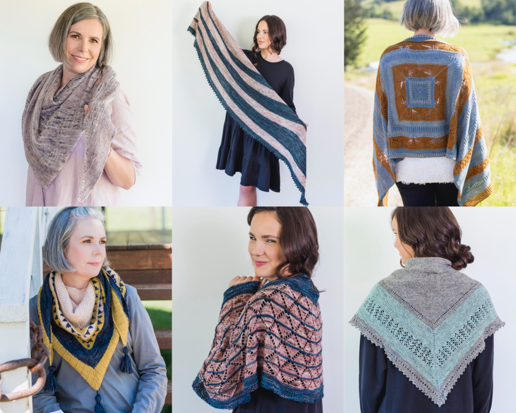 A picture of 6 women wearing a range of different shawl and scarf patterns