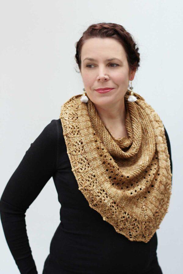 Helen Stewart in handmade Golden Amulet Shawl Knit