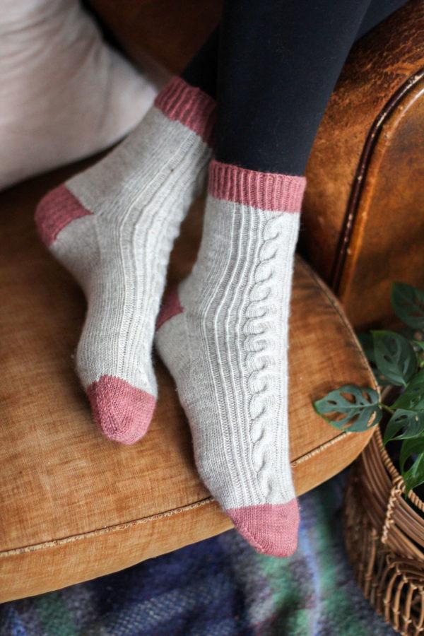 White socks with pink top, heel and toe patches