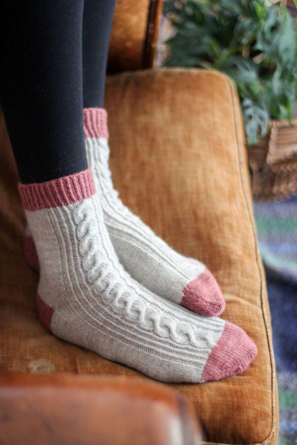 White socks with pink top, heel and toe patches