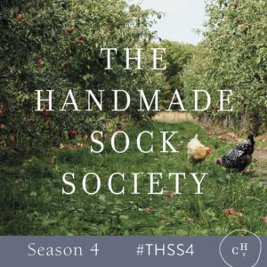 Cover image for the Handmade Sock Society, country orchard with chickens roaming free.