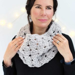 The Frost at Midnight Cowl is a beautiful grey warming knit.