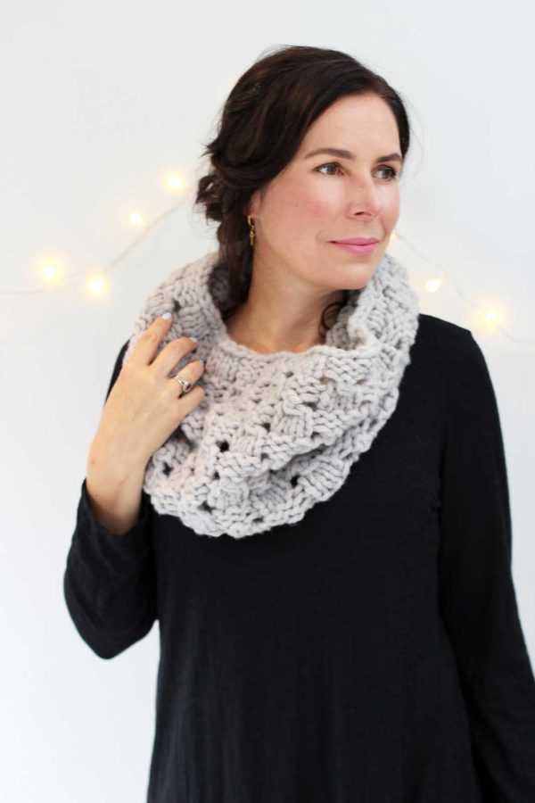The Frost at Midnight Cowl is a beautiful grey warming knit.