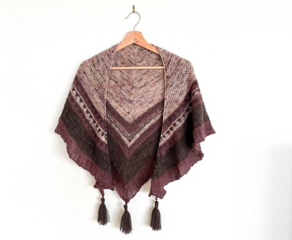 The Hinterlands Shawl is a generous triangle shawl, knit in three shades of brown.