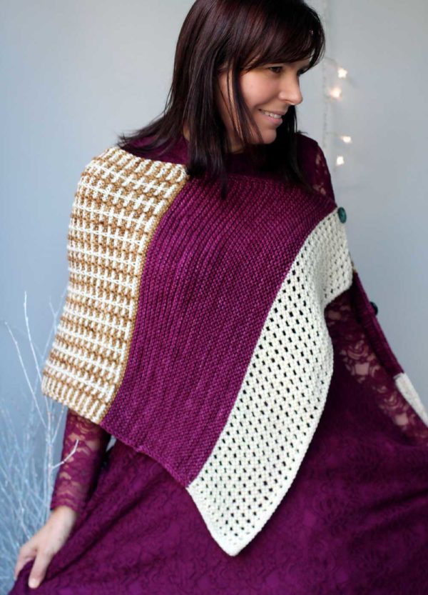 a brown sugar and cream checkered knit pattern with a dee, vibrant purple thick stripe and a white snow flake style knit pattern shawl