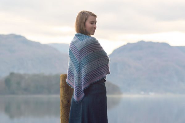 The Kelso Shawl pattern was designed to feature the distinct beauty of the yarn, bringing its complex saturated tones.