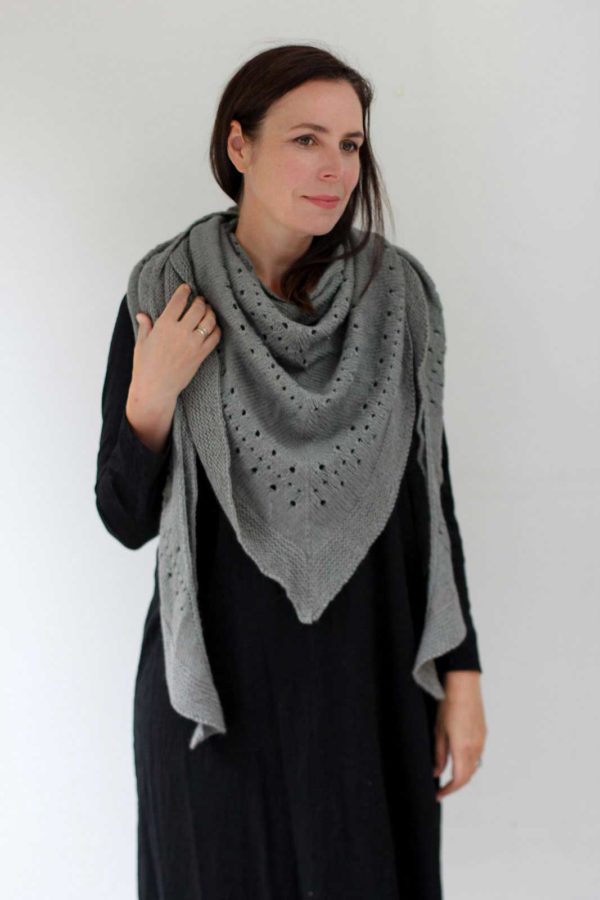 The Little Meg Shawl design is simple, eyelets dotted across a field of stockinette stitch