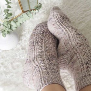 The Scribbly Gum Socks have a knit top-down, starting with a 1x1 rib cuff. A fun twisted stitch pattern and a slipped stitch heel.
