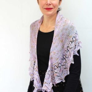 Crescent Tulle Shawl, simple garter stitch body and beautiful lace border. Knitting pattern for adventurous beginners.
