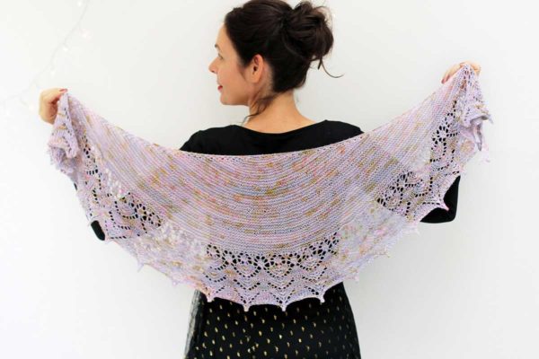Crescent Tulle Shawl, simple garter stitch body and beautiful lace border. Knitting pattern for adventurous beginners.