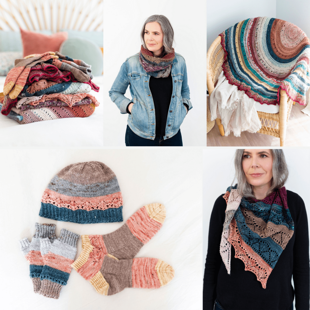 A collage of all the knitting patterns from the Curious Handmade Knitvent 2022 collection. There is a photo of all the accessories folded on a bed, and additional photos of a knitted cowl, throw, shawl,  hat, socks, and mitts, all made from scrap yarn.
