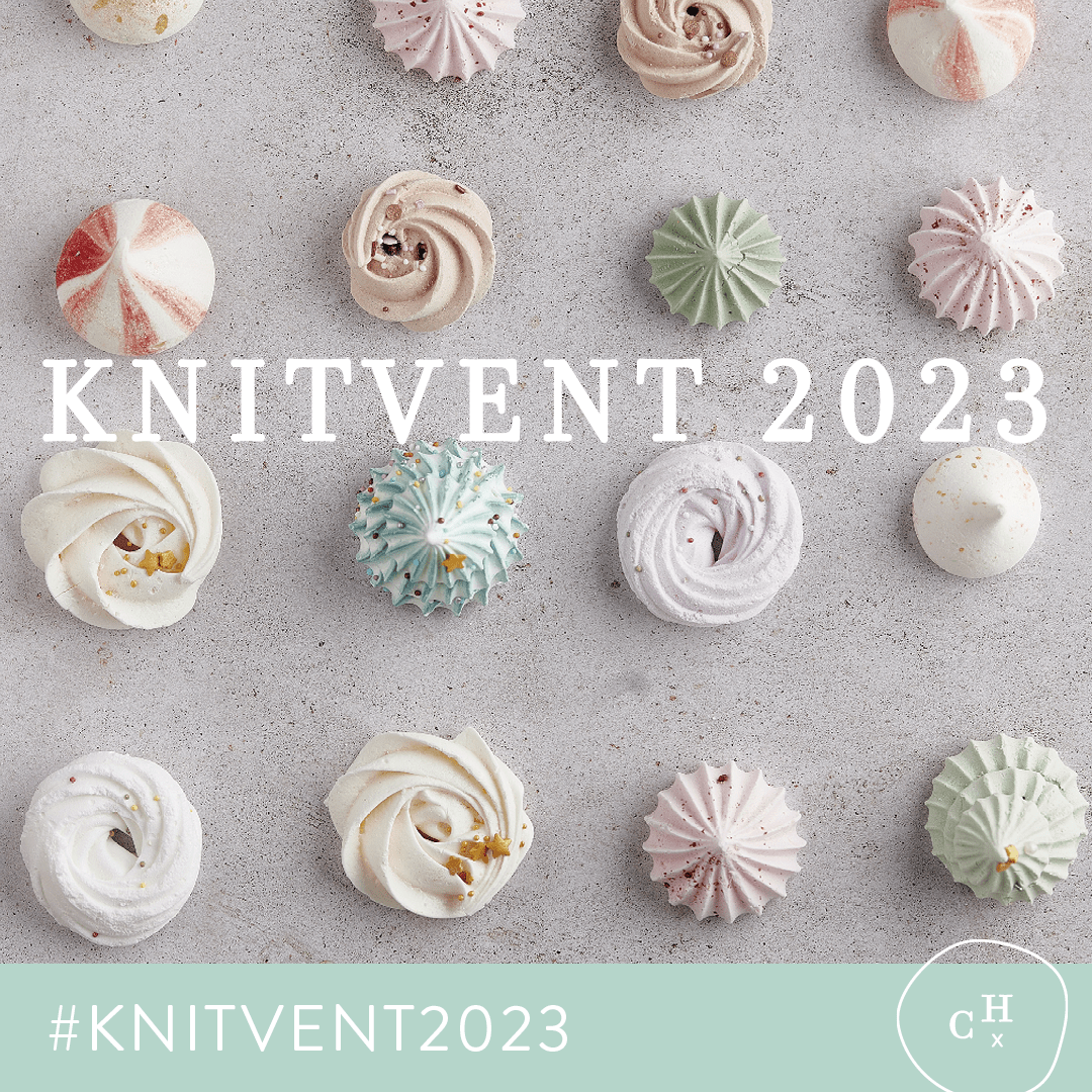 Pastel coloured merengues are arranged in a grid pattern. Across them is the message "Knitvent 2023" and at the bottom is a light green banner that reads #knitvent2023