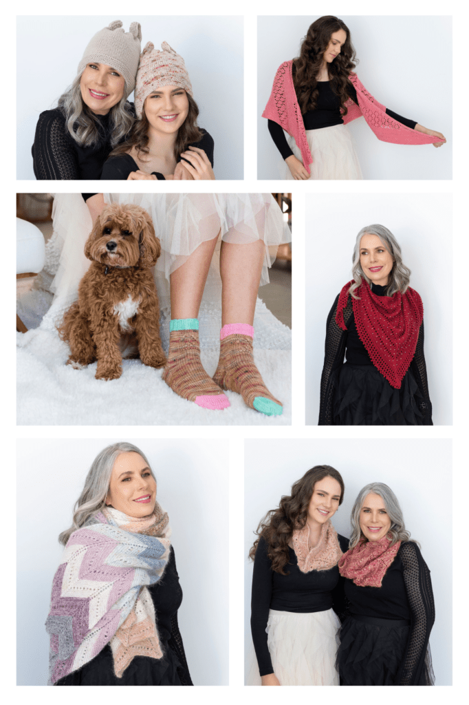 A collage of all the Knitvent 2023 knitting pattern designs from Curious Handmade