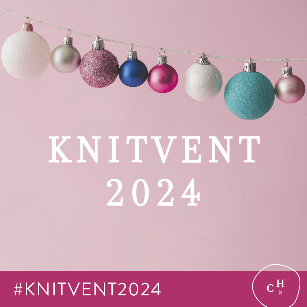 A promo graphic for Knitvent 2024, featuring ornaments in bright bold colours